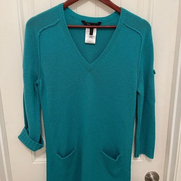 BCBGMAXAZRIA Womens Teal V-Neck Sweater S‎ Dress With Pockets 70% Wool 30% Yak - Picture 1 of 12